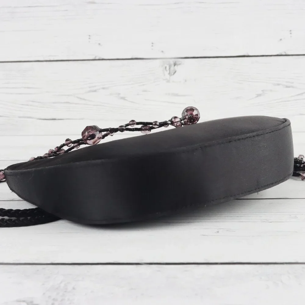 La Regale Black Satin Mini Crossbody or Clutch Bag Beaded Tassels Button Closure